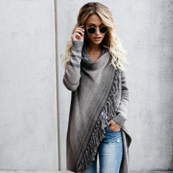 S. the Widow Sweaters - BECHET Grey Striped Boho Fringe Poncho  Sweater